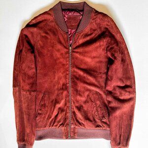 ASOS Mens Burgundy Suede Leather Bomber Jacket Size Small